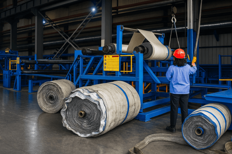 Automatic forming machine for conveyor belt production with fabric rolls handling