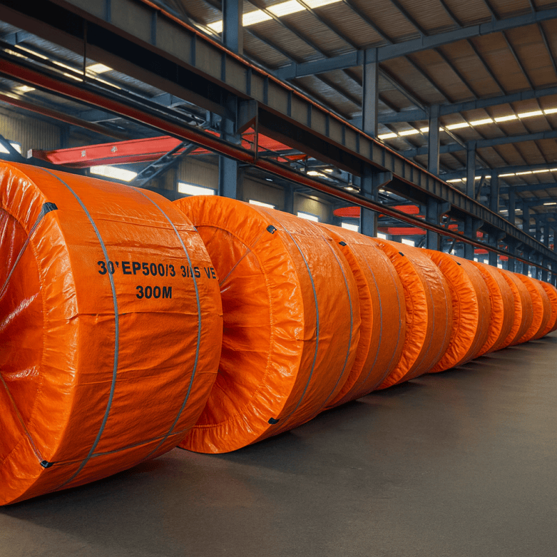 Wrapped EP500/3 fabric conveyor belt rolls prepared for customer shipment in factory