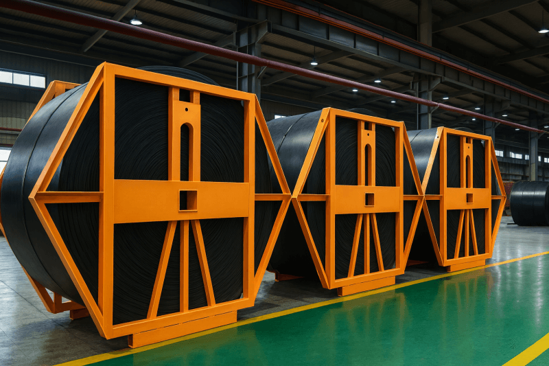 Large conveyor belt rolls stored on steel frames in rubber conveyor belt manufacturing plant