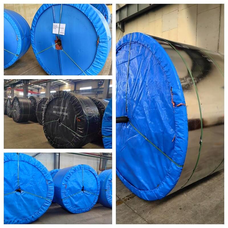 Export packaged rubber conveyor belt rolls with protective covers