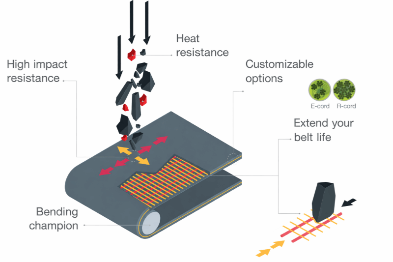 IW-SW conveyor belt structure showing high impact resistance and extended belt life