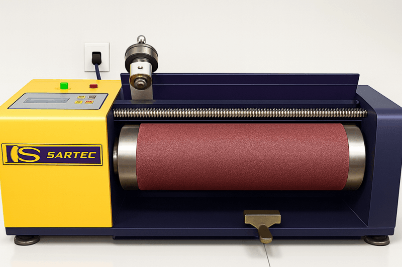 Rubber abrasion resistance testing machine for conveyor belt cover compounds