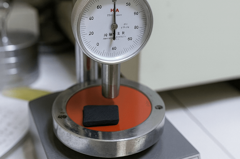 Laboratory durometer used to measure rubber hardness of conveyor belt samples