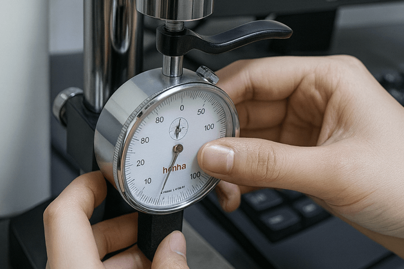 Laboratory thickness measurement of rubber conveyor belt using dial gauge