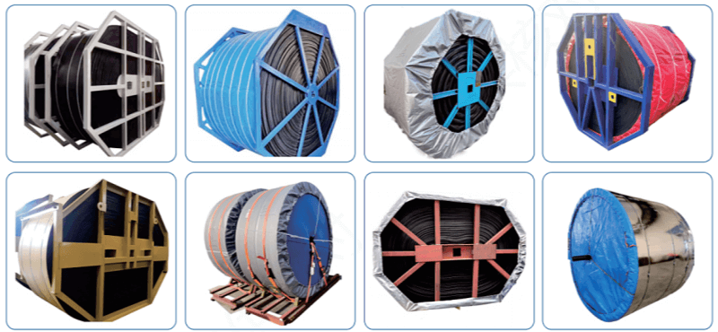 Conveyor belt packaging solutions including steel frame, wooden pallet, waterproof wrapping and export packaging