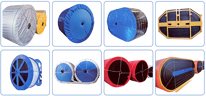 Conveyor belt packaging options including waterproof wrapping, steel frame, wooden crate, and pallet packaging