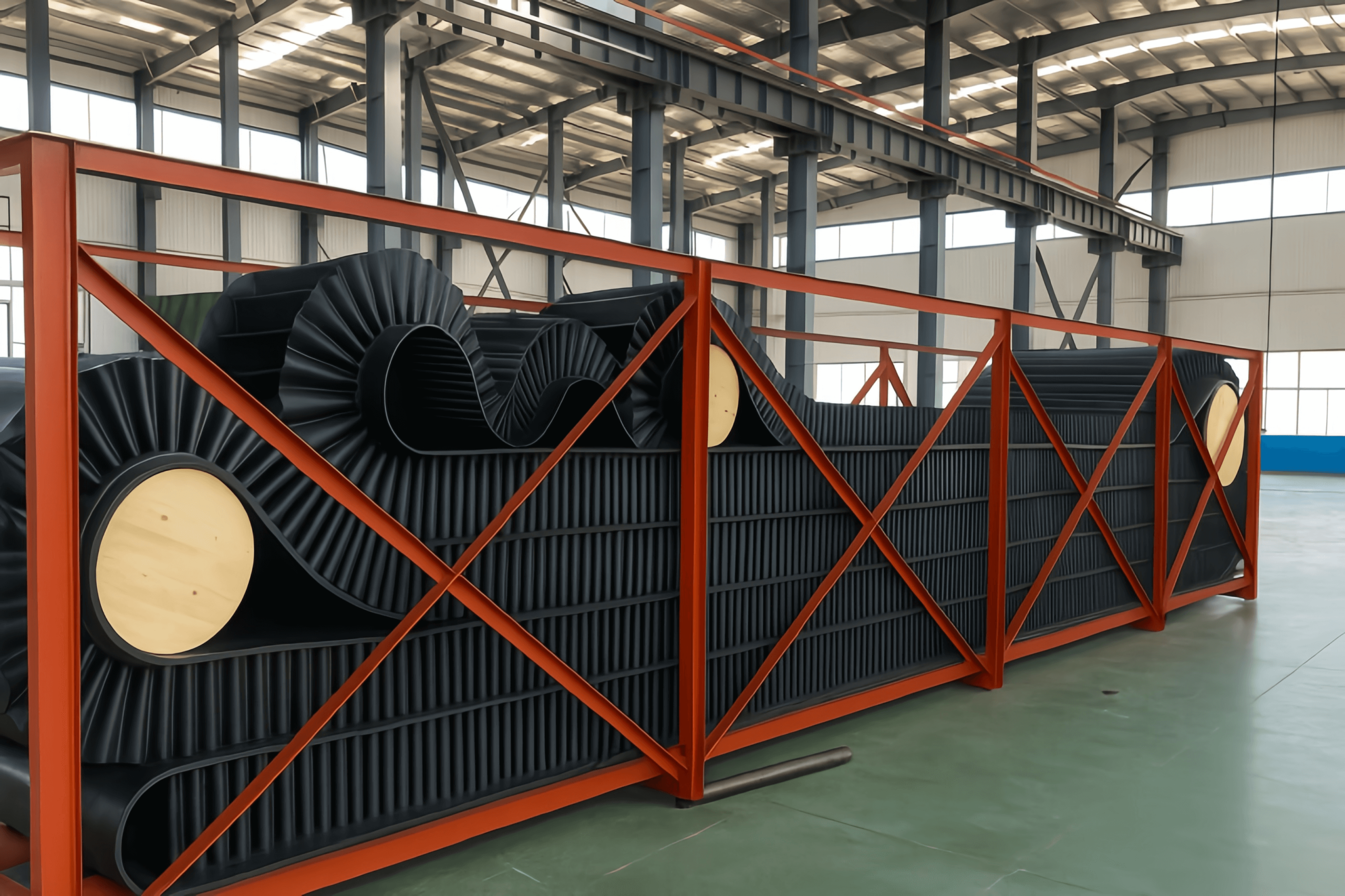 Corrugated sidewall conveyor belt rolls for steep angle conveying systems