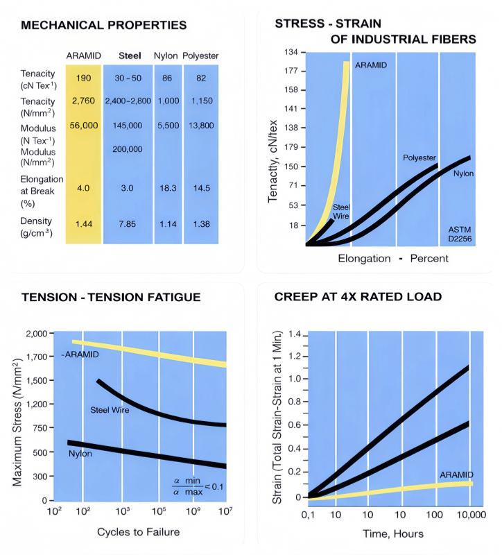 Mechanical properties comparison of aramid conveyor belt showing stress-strain curve, fatigue resistance and creep performance versus steel and polyester fibers