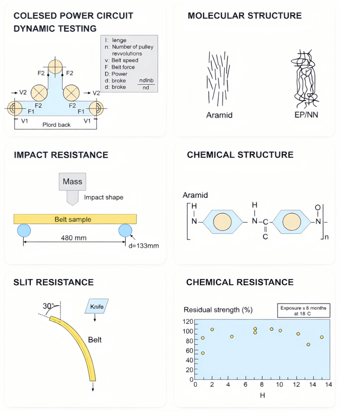 Aramid conveyor belt technical performance comparison including dynamic fatigue testing, impact resistance, slit resistance and chemical structure analysis