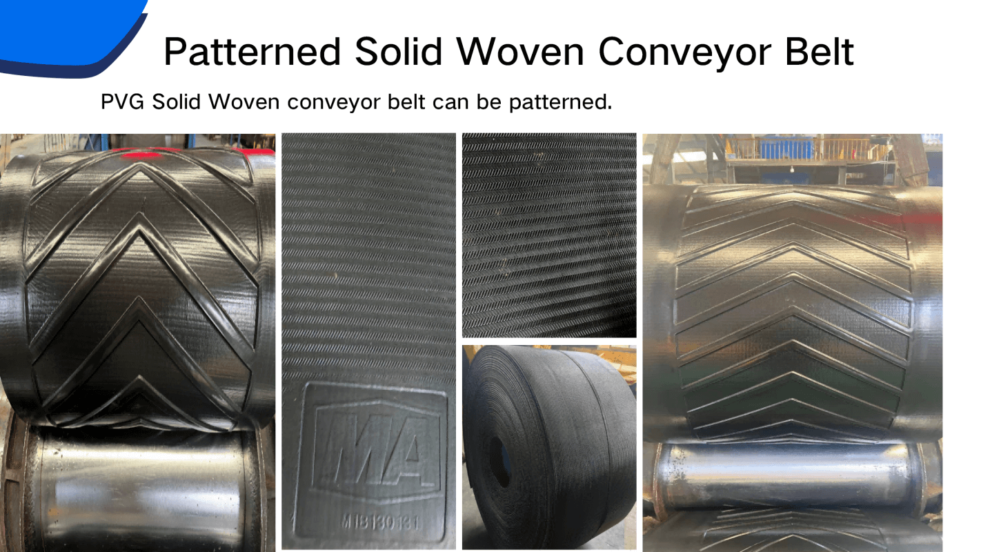 Patterned Solid Woven PVC PVG conveyor belt with chevron design, anti-slip mining conveyor belt MA approved for underground coal applications