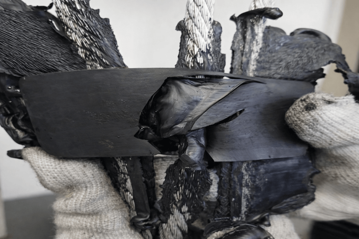 Damaged pipe conveyor belt cross section showing steel cord reinforcement and rubber separation for failure analysis