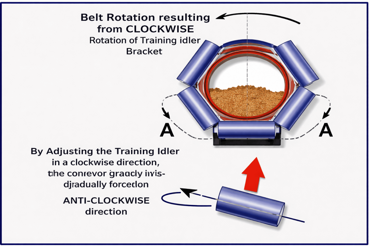 Pipe conveyor belt training idler adjustment diagram showing belt rotation control and anti-twisting mechanism