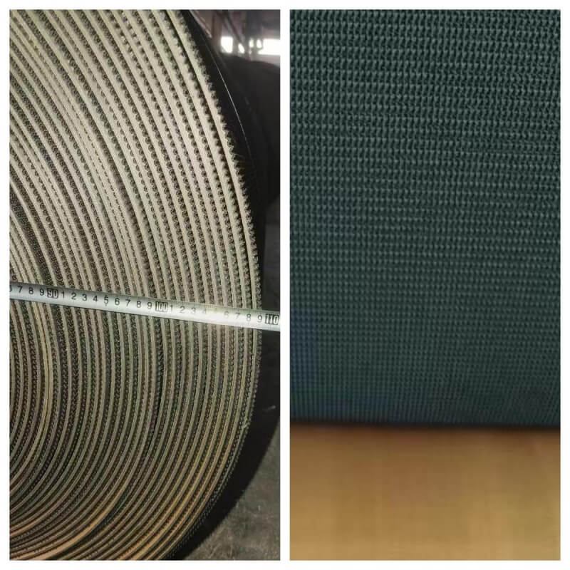 Rough top conveyor belt roll with textured surface and width measurement