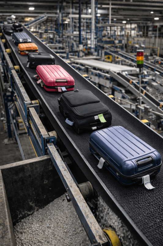 Rough top conveyor belt used in airport baggage handling system for luggage transport