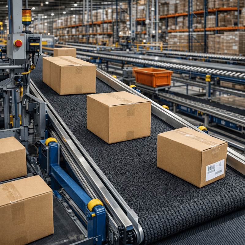 Rough top conveyor belt used in automated warehouse system for carton box handling and incline transport