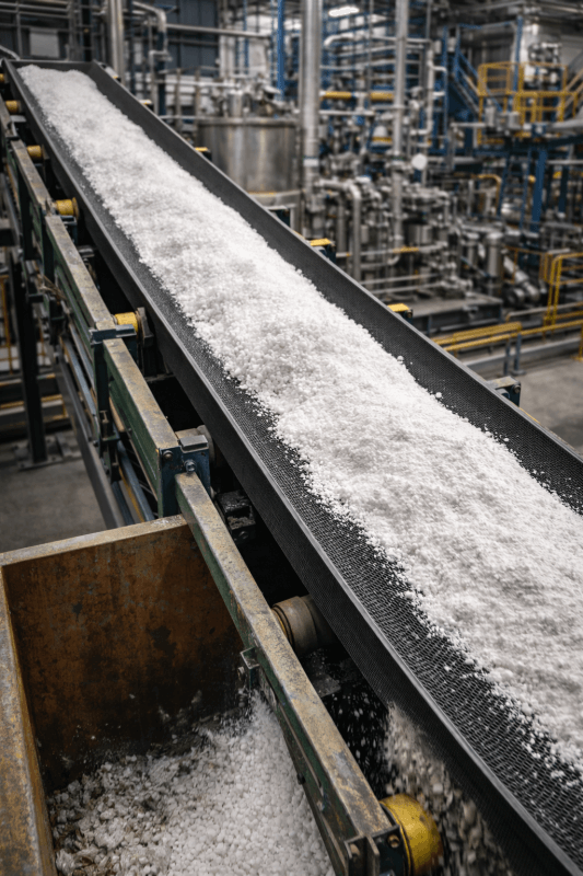 Rough top conveyor belt used in industrial chemical processing plant for granular material transport