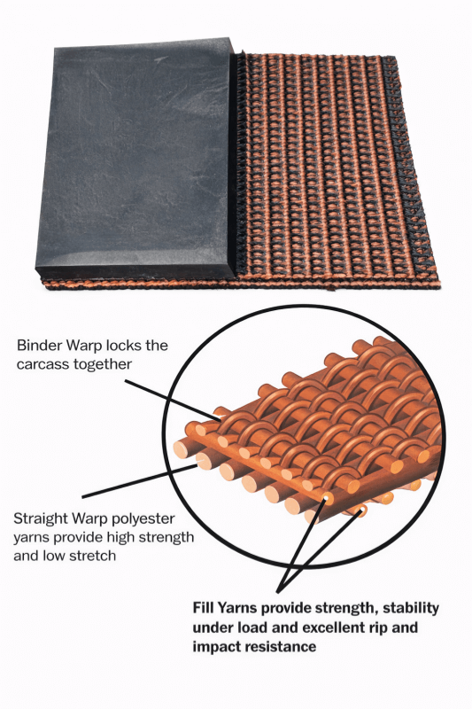 SW IW solid woven conveyor belt carcass structure showing polyester warp yarns and binder warp construction