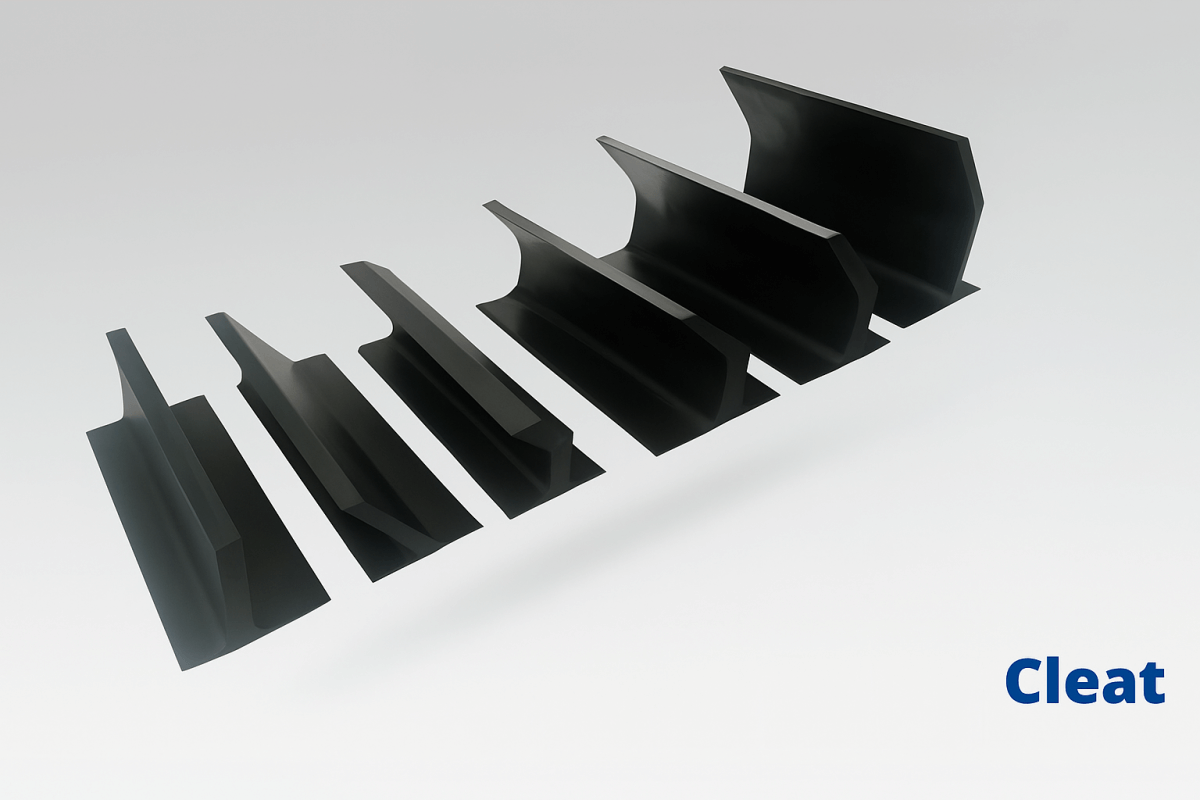 Sidewall conveyor belt cleats in different heights and designs for steep angle and vertical conveying systems