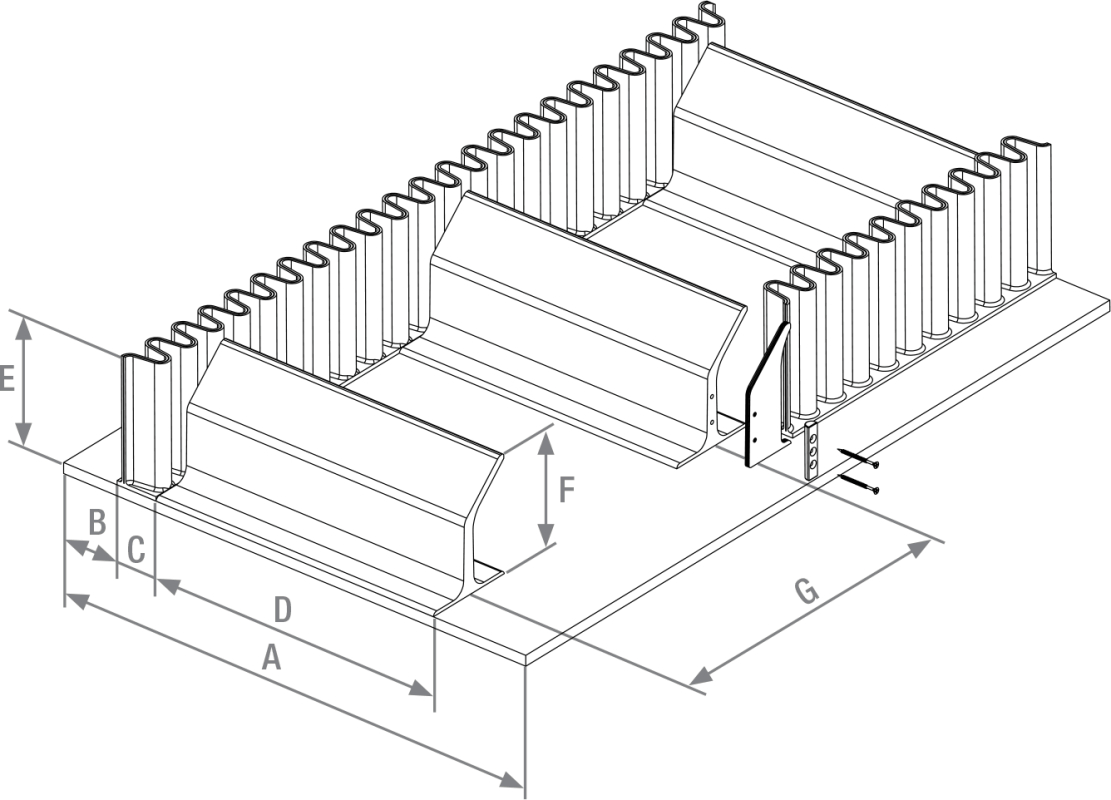Sidewall conveyor belt technical drawing showing dimensions of corrugated sidewalls and cleats for steep angle conveying system