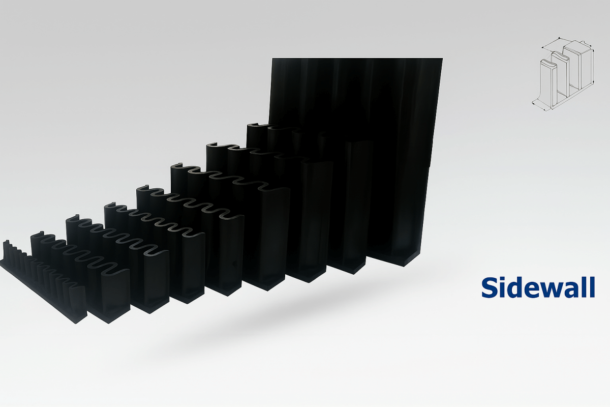 Corrugated sidewall conveyor belt components in different heights for steep angle and vertical conveying systems