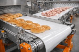 White conveyor belt used in bakery and meat processing production line