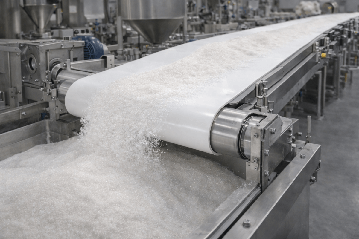 White conveyor belt conveying sugar in food processing production line