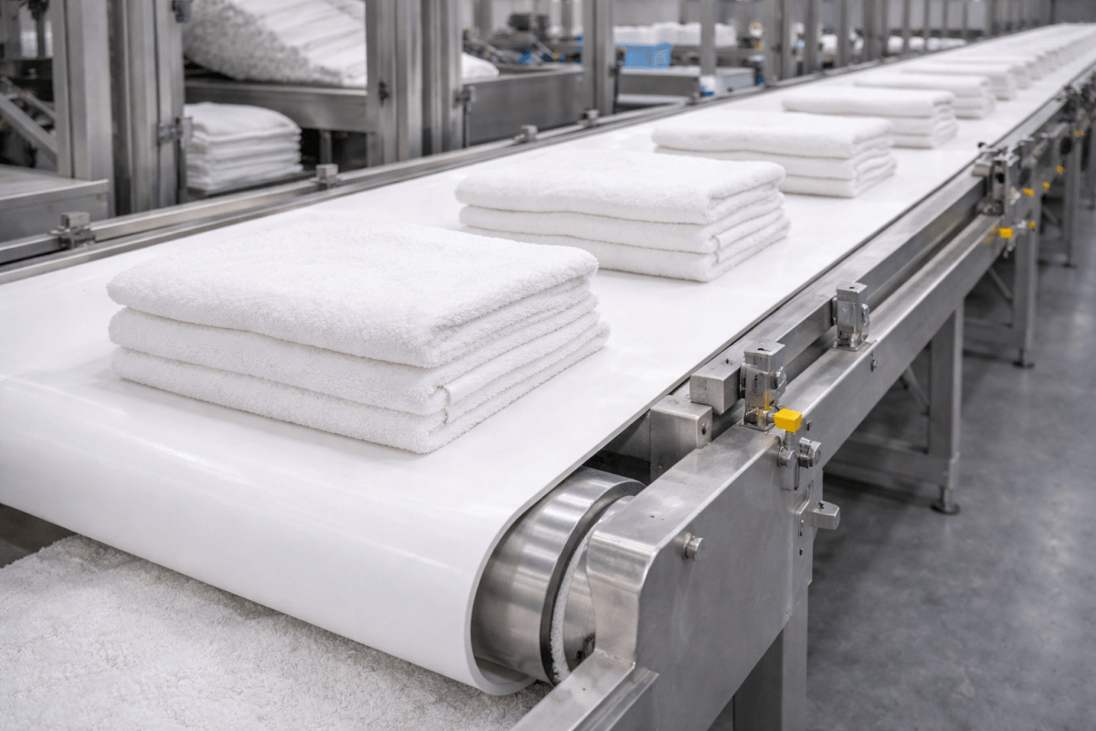 White conveyor belt for textile and fabric handling in industrial production line
