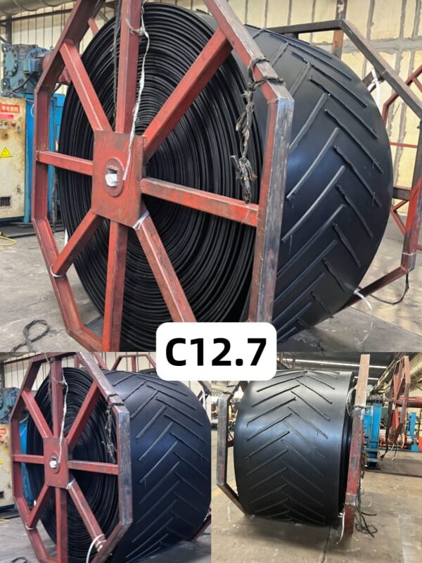C12.7 chevron conveyor belt roll with molded V cleat pattern for inclined bulk material handling