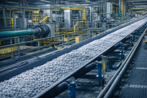 rubber conveyor belt transporting fertilizer granules in industrial chemical plant bulk material handling system