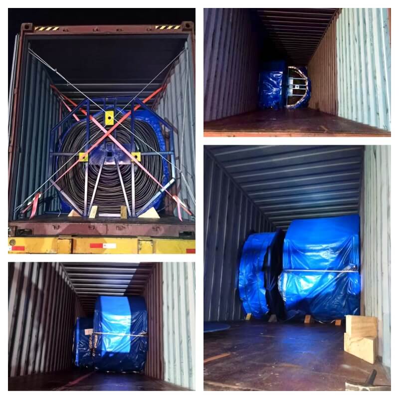 Chevron conveyor belt rolls loaded inside shipping container for international export shipment