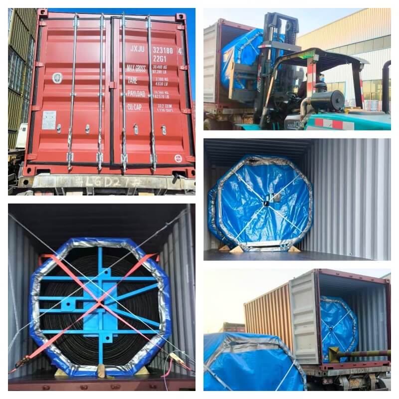 Heavy duty chevron conveyor belt roll securely packed and loaded into shipping container for international export